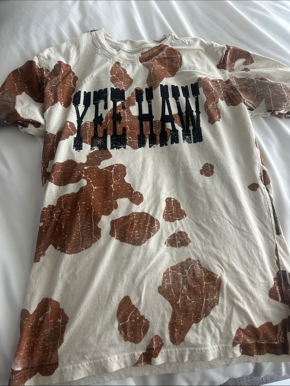 Yee Haw Kids' Short Sleeve Tee - Cream with Brown Cowprint